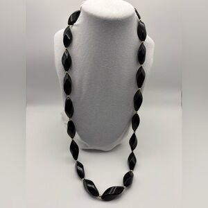 Trifari Elegant Vintage Black  & Gold Tone Bead Necklace 30” Long/15” Drop
